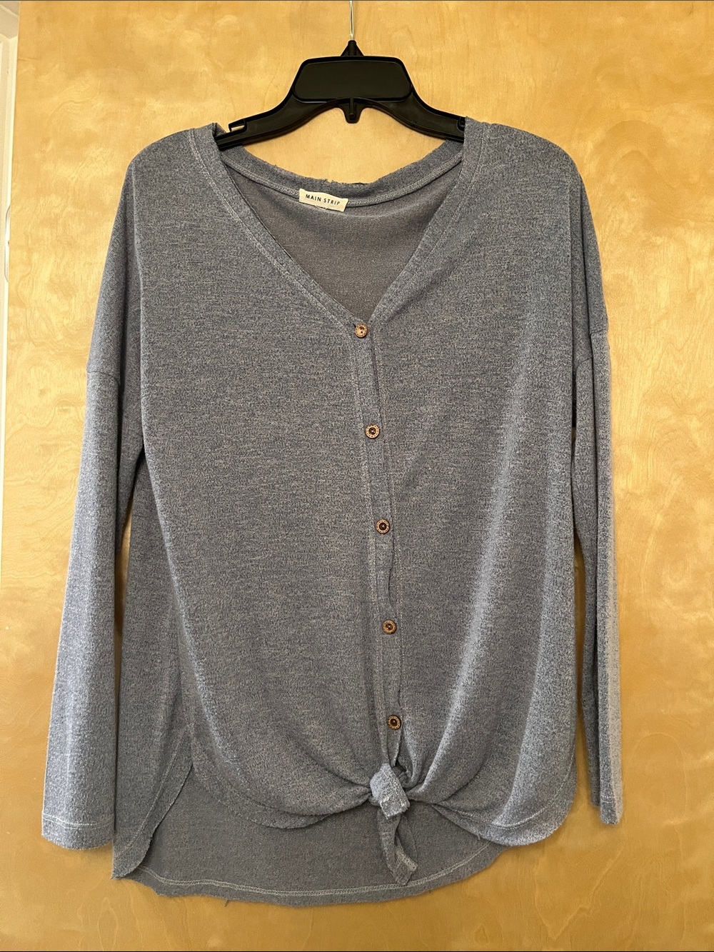 Main Strip Heather Blue Button-Front Tie Hem Top